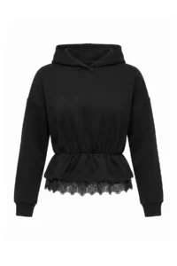 TRENDYOLMİLLA Black Thick peplum Lace Detailed Hooded Long Sleeve Knitting Sweatshirt - Image 4
