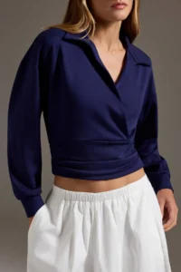 TRENDYOLMİLLA NAVY BLUE Soft Touch Double breasted Polo Shirt Yala Waist Fitting Crop Knitting Sweatshirt - Image 3