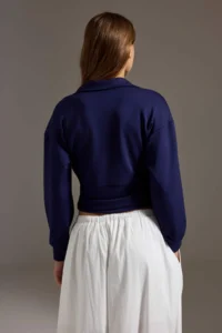 TRENDYOLMİLLA NAVY BLUE Soft Touch Double breasted Polo Shirt Yala Waist Fitting Crop Knitting Sweatshirt - Image 4