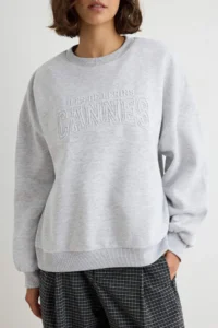TRENDYOLMİLLA Kar Melange Thick Oversized/Wide Pattern Slogan Kabartma Embroidered Knitting Sweatshirt - Image 3