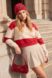 TRENDYOLMİLLA Red-Stone Thick Color Bloklu Polo Shirt Collar Slogan Embroidered Crop Knitting Sweatshirt - Image 3