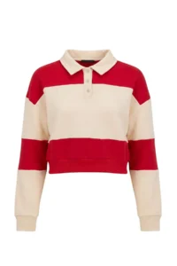 TRENDYOLMİLLA Red-Stone Thick Color Bloklu Polo Shirt Collar Slogan Embroidered Crop Knitting Sweatshirt - Image 5