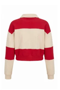 TRENDYOLMİLLA Red-Stone Thick Color Bloklu Polo Shirt Collar Slogan Embroidered Crop Knitting Sweatshirt - Image 6