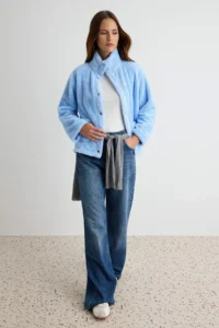 TRENDYOLMİLLA Baby BLUE Plush Oversized snaps Pocket Detail High Neck Knitting Sweatshirt