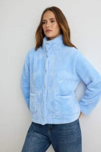 TRENDYOLMİLLA Baby BLUE Plush Oversized snaps Pocket Detail High Neck Knitting Sweatshirt - Image 2