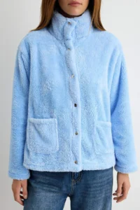 TRENDYOLMİLLA Baby BLUE Plush Oversized snaps Pocket Detail High Neck Knitting Sweatshirt - Image 3