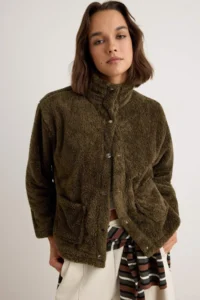 TRENDYOLMİLLA Khaki Plush Oversized snaps Pocket Detail High Neck Knitting Sweatshirt
