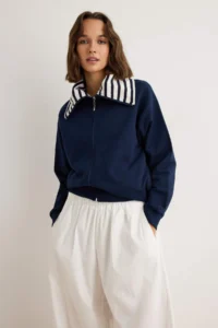 TRENDYOLMİLLA NAVY BLUE Thick Zippered Striped Turndown collar Detailed Oversized Knitting Cardigan/Sweatshirt