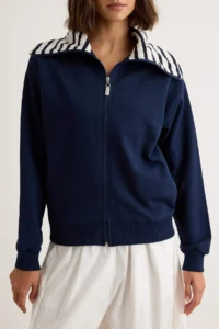 TRENDYOLMİLLA NAVY BLUE Thick Zippered Striped Turndown collar Detailed Oversized Knitting Cardigan/Sweatshirt - Image 3