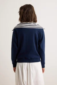 TRENDYOLMİLLA NAVY BLUE Thick Zippered Striped Turndown collar Detailed Oversized Knitting Cardigan/Sweatshirt - Image 4