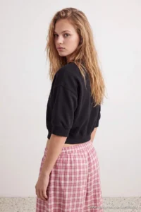 TRENDYOLMİLLA Black Thick Truvakar Balloon Sleeve Knitting Regular Pattern Crop Length Sweatshirt - Image 4