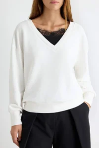 TRENDYOLMİLLA Ecru Thick V-neck Lace Detailed Drop Sleeve Oversized/Wide Cut Knitting Sweatshirt - Image 3