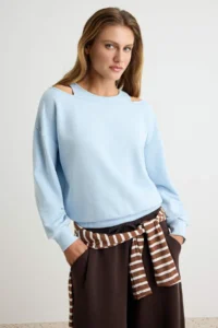TRENDYOLMİLLA Light BLUE Thick Without Raising Oversized/Wide Cut off shoulder Knitting Sweatshirt