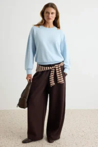 TRENDYOLMİLLA Light BLUE Thick Without Raising Oversized/Wide Cut off shoulder Knitting Sweatshirt - Image 2