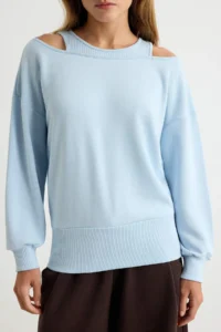 TRENDYOLMİLLA Light BLUE Thick Without Raising Oversized/Wide Cut off shoulder Knitting Sweatshirt - Image 3