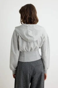 TRENDYOLMİLLA Gray Melange Thick Without Raising Waist Fitting Hooded Zippered Knitting Cardigan/Sweatshirt - Image 4