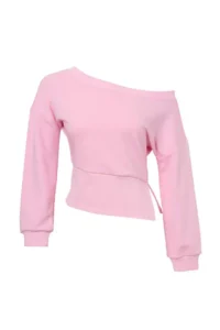 TRENDYOLMİLLA Light PINK Thick Without Raising Asymmetric Collar Waist Fitting Oversized Cut Knitting Sweatshirt - Image 4