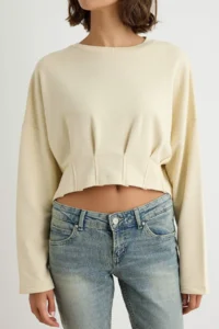 TRENDYOLMİLLA Light BEIGE Thick Without Raising Waist Detailed Regular Pattern Crop Length Knitting Sweatshirt - Image 3
