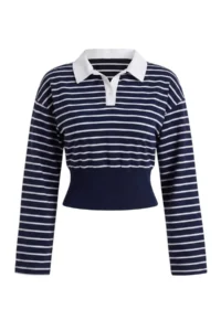 TRENDYOLMİLLA NAVY BLUE Striped Regular Polo Shirt Collar Drop Sleeve Crop Regular Thin Knitting Sweatshirt - Image 4