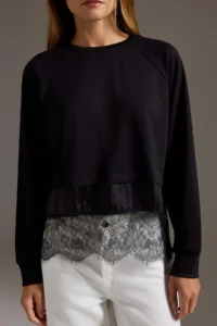 TRENDYOLMİLLA Black Soft Touch Lace Detailed Raglan Sleeve relaxed Pattern Knitting Sweatshirt - Image 3