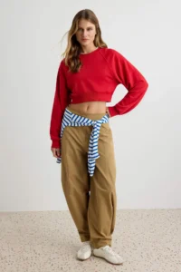 TRENDYOLMİLLA Red Thick Without Raising Regular Pattern Crew Neck Crop Length Knitting Sweatshirt - Image 2