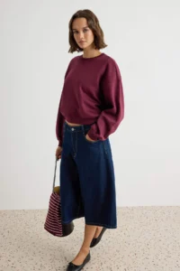 TRENDYOLMİLLA Plum Thick Fleece Inside Oversized/Wide Cut Sleeve Sewing Detailed Knitting Sweatshirt - Image 2