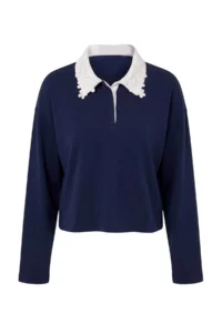 TRENDYOLMİLLA Dark NAVY Oversized/Rahat Cut Lace Collar Detailed interlock Knitting Sweatshirt