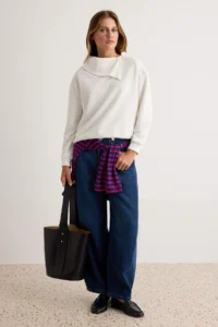TRENDYOLMİLLA Ecru Thick Without Raising Asymmetric Turndown collar Regular Pattern Knitting Sweatshirt - Image 2