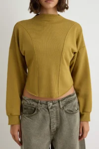 TRENDYOLMİLLA Khaki fragmented Cut Thick Oversized Wide Cut High Neck Knitting Sweatshirt - Image 3