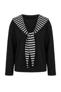 TRENDYOLMİLLA Black Striped Shawl Detailed Oversized/Wide Cut Thick Knitting Sweatshirt - Image 6