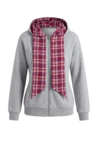 TRENDYOLMİLLA Gray Melange Tied up Plaid Hooded Zippered Knitting Cardigan/Sweatshirt - Image 5