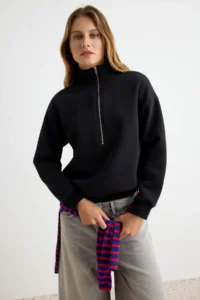 TRENDYOLMİLLA Black Thick Zippered High Neck Oversized/Wide Cut Knitting Sweatshirt - Image 3