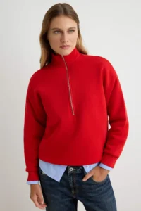TRENDYOLMİLLA Red Thick Zippered High Neck Oversized/Wide Cut Knitting Sweatshirt with Fleece Inside