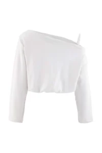 TRENDYOLMİLLA Ecru Omuz Detailed Asymmetric Collar Oversized/Wide Cut Elastic Waist Knitting Sweatshirt - Image 3
