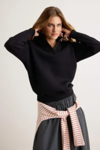 TRENDYOLMİLLA Black Thick Polo Shirt with Fleece Inside V-neck Oversized/Wide Cut Knitting Sweatshirt - Image 2