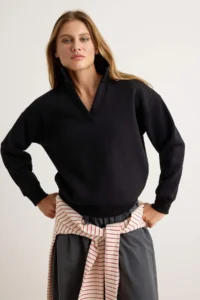 TRENDYOLMİLLA Black Thick Polo Shirt with Fleece Inside V-neck Oversized/Wide Cut Knitting Sweatshirt - Image 3