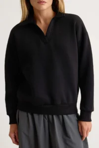 TRENDYOLMİLLA Black Thick Polo Shirt with Fleece Inside V-neck Oversized/Wide Cut Knitting Sweatshirt - Image 4