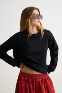 TRENDYOLMİLLA Black Lace Detailed Regular Pattern Crew Neck Knitting interlock Sweatshirt