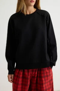 TRENDYOLMİLLA Black Lace Detailed Regular Pattern Crew Neck Knitting interlock Sweatshirt - Image 4