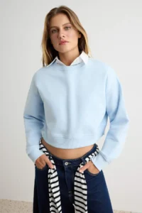 TRENDYOLMİLLA Light BLUE Thick Oversized Crop Crew Neck Knitting Sweatshirt with Fleece Inside