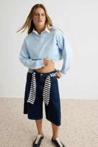 TRENDYOLMİLLA Light BLUE Thick Oversized Crop Crew Neck Knitting Sweatshirt with Fleece Inside - Image 2