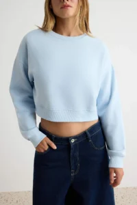 TRENDYOLMİLLA Light BLUE Thick Oversized Crop Crew Neck Knitting Sweatshirt with Fleece Inside - Image 3