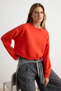 TRENDYOLMİLLA Red Thick Oversized Crop Crew Neck Knitting Sweatshirt with Fleece Inside