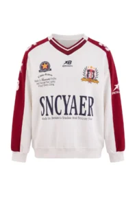 TRENDYOLMİLLA Ecru Color Bloklu College Printed Thick Oversized/Wide Cut V-neck Knitting Sweatshirt - Image 7