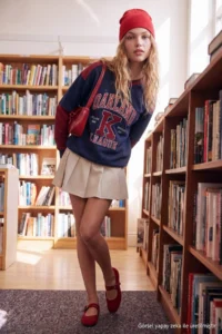 TRENDYOLMİLLA NAVY BLUE Color Bloklu College Printed Oversized/Wide Cut Aplikeli Knitting Sweatshirt - Image 3