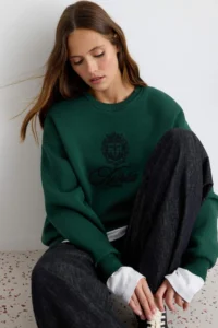 TRENDYOLMİLLA Emerald Green Embroidered ŞEHIR Thick Oversized/Wide Cut Knitting Sweatshirt - Image 2