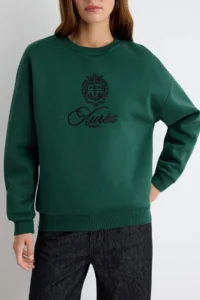 TRENDYOLMİLLA Emerald Green Embroidered ŞEHIR Thick Oversized/Wide Cut Knitting Sweatshirt - Image 3