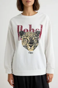 TRENDYOLMİLLA Ecru Tiger Printed Oversized/Wide Cut Thin Knitting Sweatshirt - Image 3