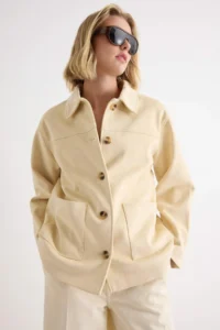 TRENDYOLMİLLA Beige Pocket Detail Suede Mono Closure Oversized Midi Trench Coat - Image 2