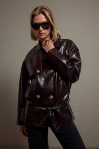 TRENDYOLMİLLA Brown Faux Leather Oversized Arched Double breasted Kapama Short Trench Coat
